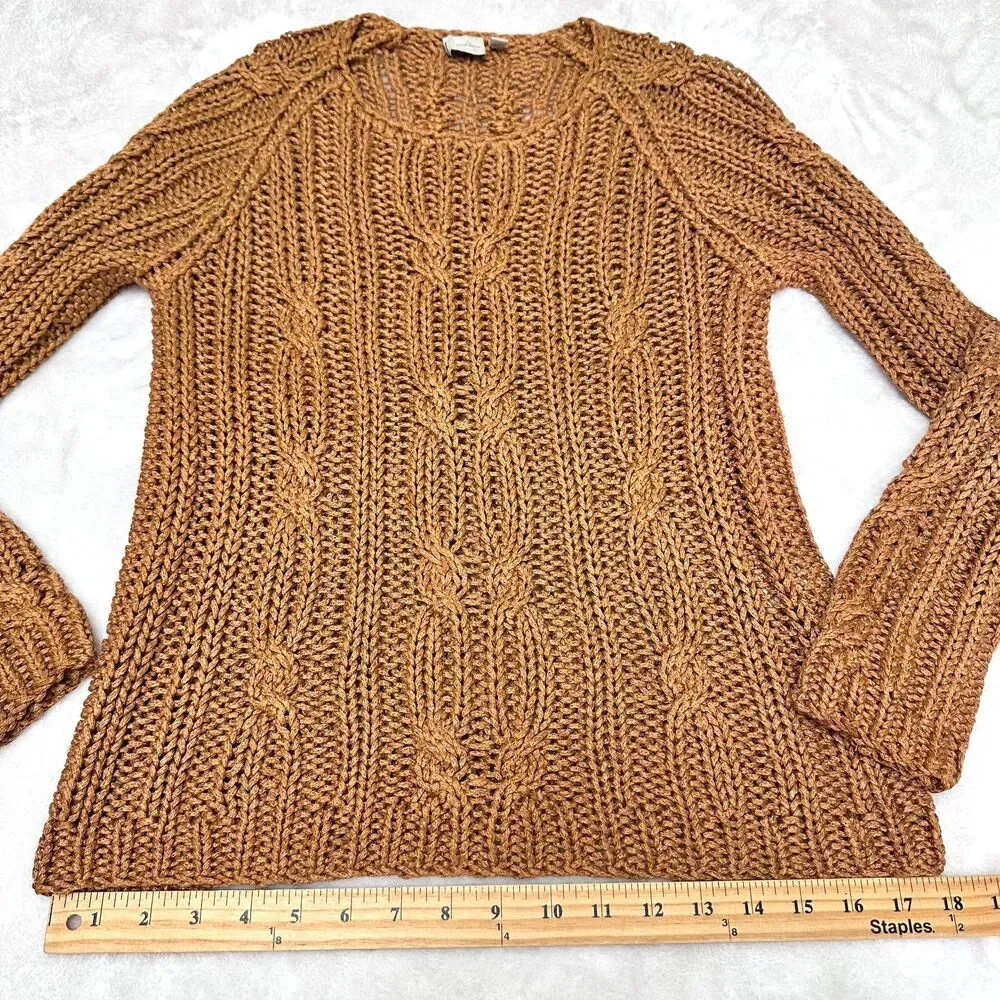 Vintage Anne Klein 90s Linen Blend Cable Knit Fisherman Sweater Camel SzM